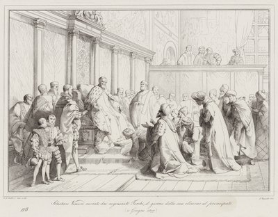 Sebastiano Veniero vyznamenán tureckými obchodníky v den jeho zvolení do knížectví od Italian School