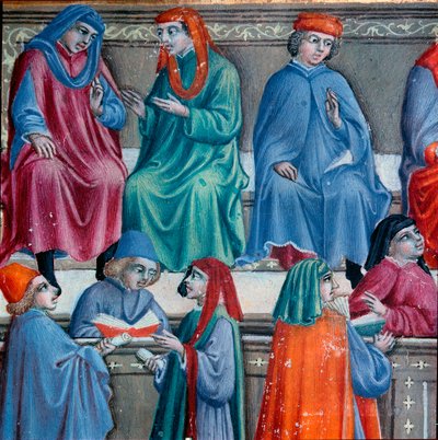 Sienští obchodníci. Detail miniatury převzaté ze Statuto della Mercanzia“, rukopis obchodní legislativy v Sieně. 1342. Státní archiv Siena. od Italian School