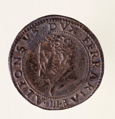 Stříbrná mince (teston) z Ferrary (Ferrara): vláda vévody Alfonse II d