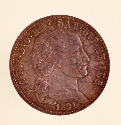 Stříbrná italská mince (ecu) z království Sardinie: vláda Vittoria Emanuela I. (Victor Emmanuel I) (1759-1824). 1821. Prům. 3,8 cm Neapol, museo archeologico od Italian School