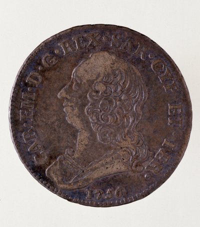 Stříbrná italská mince (půl ECU) ze Sardinského království: Vláda Carla Emmanuela III. Savojského (1701-1773). 1756. Průměr. 3,7 cm Neapol, archeologické muzeum od Italian School