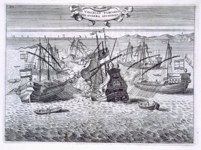 Potápění turecké válečné lodi, ilustrace z „Hodnoty Toskánska v nejvýznamnějších podnicích rytířů Santo Stefano“ od Fulvia Fontany, vyryto H. Vincentem, 1701 od Italian School