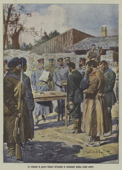 Vojáci souzení bulharským vojenským tribunálem při obléhání Adrianopole, první balkánská válka (barevná litografie) od Italian School