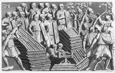 Vojáci, možná staví pontonový most nebo obléhací stroj, možná z Trajanova sloupu, z Customs of the Romans, asi 1800-10 (lept a akvatinta) od Italian School