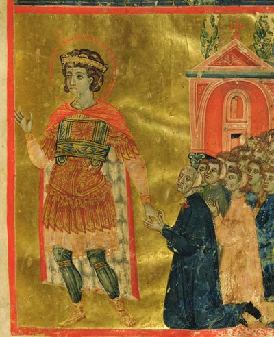 Někteří bratři se modlí ke svatému Theodorovi, z Mariegoly, 1350 (inkoust a zlatý list na pergamenu) od Italian School