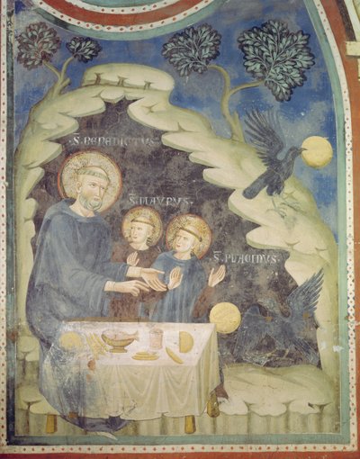 Svatý Benedikt nařídí havranovi, aby vzal otrávený chléb (freska) od Italian School