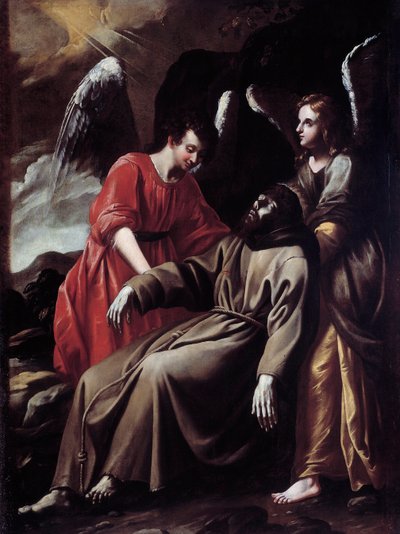 Svatý František z Assisi utěšovaný anděly poté, co přijal stigmata (Malba od Italian School