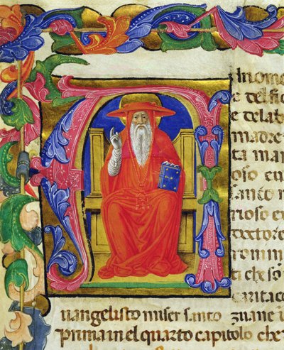 Sv. Jeroným, z Mariegoly cechu laiků sv. Jeronýma, kolem roku 1400 (inkoust a plátek zlata na pergamenu) od Italian School