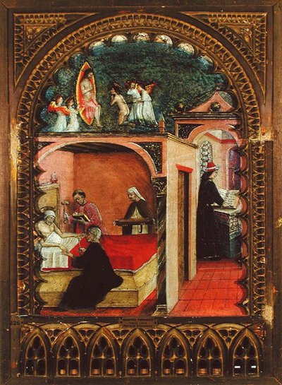 Svatý Jeroným ve své cele a sen sv. Jeronýma, kolem roku 1450 (olej na panelu) od Italian School