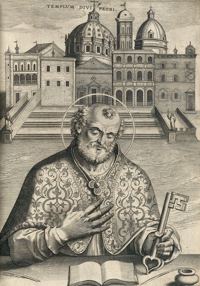 Svatý Petr před bazilikou sv. Petra ze Septem Urbis Ecclesiae Primariae, hospoda. 1599 od Italian School