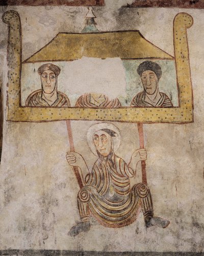 St. Proculus houpající se na laně, detail z fresek (8. století), kostel sv. Procula, Naturno, Val Venosta, Trentino-Alto Adige, Itálie od Italian School