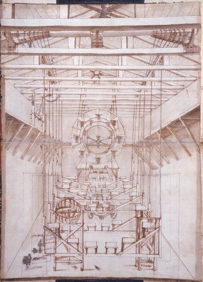Jevištní zařízení pro opery v divadle San Salvatore v Benátkách, 1675 (pero a inkoust na papíře) od Italian School