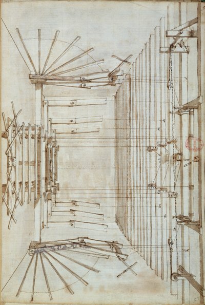 Jevištní zařízení pro opery v divadle San Salvatore v Benátkách, 1675 (pero a inkoust na papíře) od Italian School
