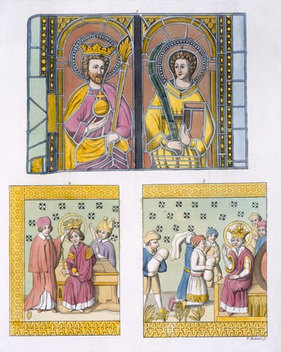Dekorace z barevného skla ze starého kostela v Uppsale, deska 42 z Le Costume Ancien et Moderne od Julese Ferraria, vydáno kolem 20.–30. let 19. století od Italian School