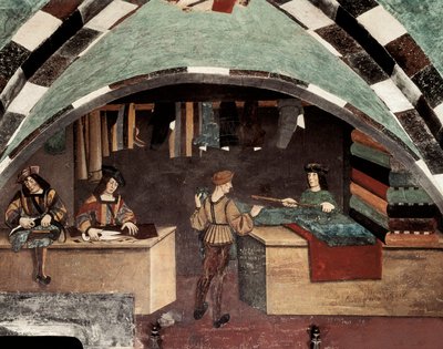 Krejčovství. Jeden muž šije, další stříhá látku a třetí prodává textil klientovi. Freskový hrad Issogne (15. století). od Italian School