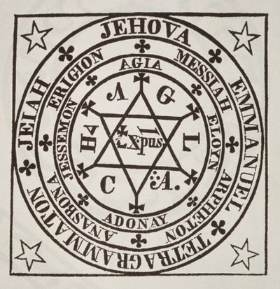 Velký magický kruh Agrippy pro evokaci démonů, kopie ilustrace z Les Oeuvres Magiques de Henri Corneille Agrippa, Řím 1744, použitá v Dějinách magie, publikovaných koncem 19. od Italian School