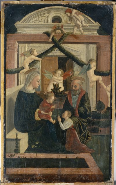 Svatá rodina s dárcem v modlitbě a hrajících si na anděly, kolem 1460 (tempera na borovém dřevě) od Italian School