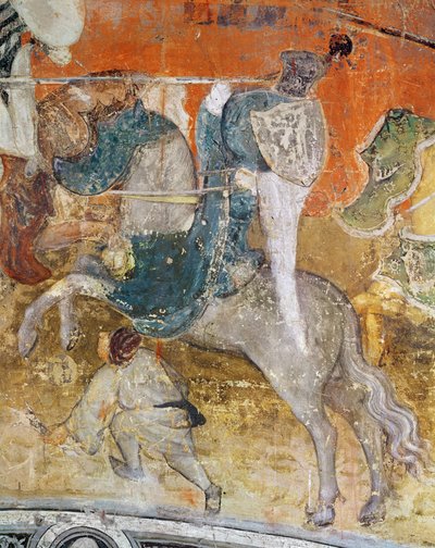 Měsíc únor, detail rytíře na turnaji, cca 1400 (freska) od Italian School