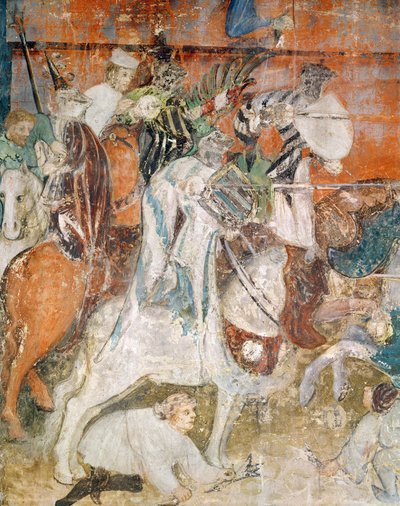 Měsíc únor, detail rytířů na turnaji, cca 1400 (freska) od Italian School
