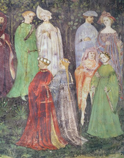 Měsíc červen, detail chodících šlechticů a žen, cca 1400 (freska) od Italian School