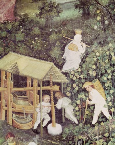 Měsíc říjen, detail sběračů hroznů lisujících hrozny, cca 1400 (freska) od Italian School