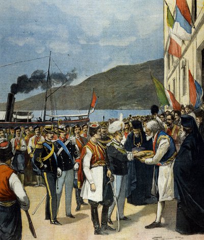 Neapolský princ - tehdy Victor Emmanuel III (Victor-Emmanuel) (Vittorio Emanuele) - dostává v Rijece podle tradice chléb a sůl z rodiny Helene de Montenegro. od Italian School