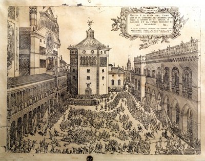 Býčí hostina na Velkém náměstí v Cremone (Cremona) v Itálii. Rytina 16. století Cremona, Museo Civico Itálie od Italian School