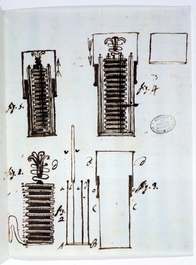 Voltova hromada (baterie). Kresba z dopisu Alessandra Volty (1745-1827) Dieudonnu Dolomieuovi (1750-1801) o galvanismu, 1801 (pero a tuš na papíře). od Italian School