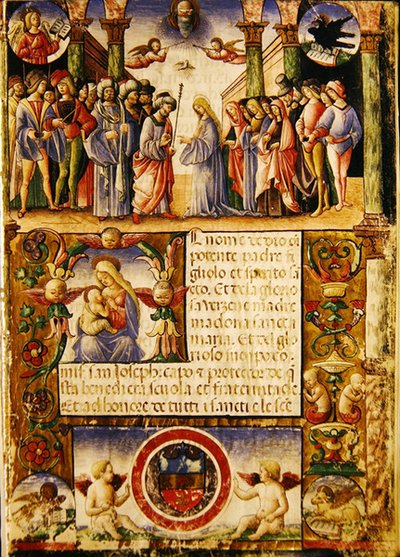 Zasnoubení Panny Marie, z Mariegoly laického cechu sv. Josefa a sv. Silvestra, 1315 (tuš na pergamenu) od Italian School