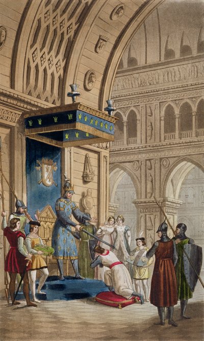 Vytvoření templářského rytíře z rukopisu Romance o Lancelotovi od jezera, publikovaného kolem roku 1820-30 od Italian School