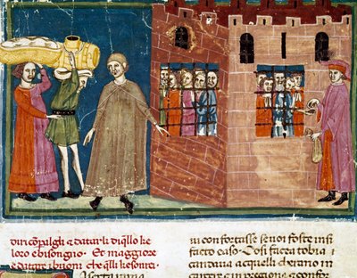 Rozdávání jídel vězňům Miniatura florentské školy převzatá z rozšířeného vydání „Pater noster“ od sera Zucchera Bencivenniho (MS.II.VI 16) počátek 14. století Florencie, národní knihovna od Italian School