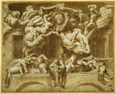 Fasáda Casa Orsi, po Lelio Orsi (pero a hnědý inkoust s hnědým praním a zvýrazněním) od Italian School