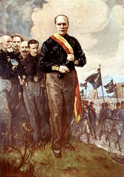 Pochod na Řím: Benito Mussolini kráčí směrem k Římu v černých košilích 28. 10. 1922 po (zmizelém) obrazu S. Galimbertiho. od Italian School