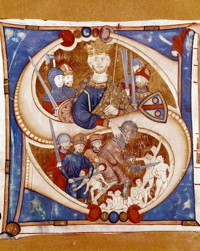 Masakr nevinného krále Heroda I. Velikého (73-4 př. n. l.) je představitelem nařizujícím masakr nových (nových) Betléma. Iluminovaný lettrin rukopisu ze školy v Umbrii. 14. století. Citta di Castello, Biblioteca Civ od Italian School