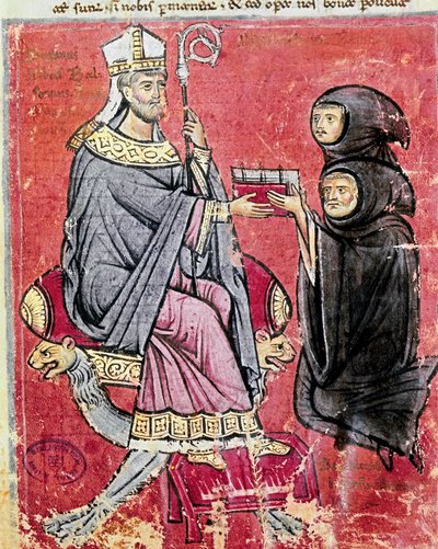 Mnich Benedetto da Bari (zastupující mladé i staré, aby naznačil, že psaní jeho díla zaměstnávalo celý jeho život) předal abbému Balsamovi (13. století), vůdci benediktinského opatství Cava de Tirreni, svůj kodex De Septem Sigillis na Re od Italian School