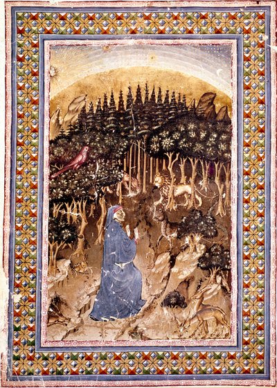 Básník Dante se ocitá v temném lese. Osvětlená stránka první písně Pekla čerpá z „Divina Commedia“ (Božská komedie) od Dante Alighieriho (1265-1321). Rukopis paní Conv. Soppr. 204 od Italian School