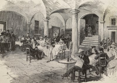 Cestující třetí třídy a cestující první třídy v karanténě, dezinfekce zavazadel, hrad Quarcino, na švýcarských hranicích, epidemie cholery, Itálie, rytina Mancastropa z kresby Bonamore, z L