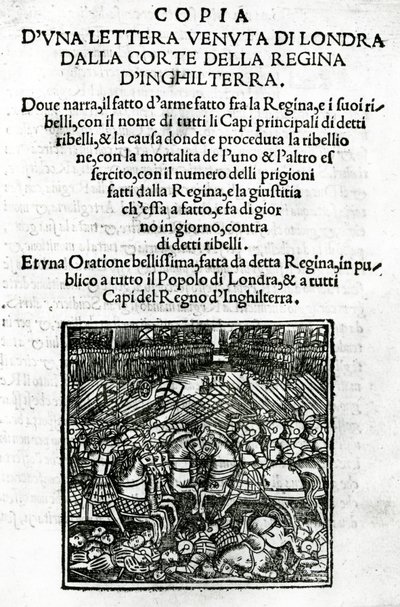 Titulní strana kopie dopisu zaslaného ze dvora anglické královny (dřevořez a knihtisk) od Italian School