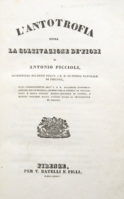 Titulní strana, z The Antotrophy Or The Cultivation Of Flowers od Antonia Piccioliho, pub. 1834 (rytina) od Italian School