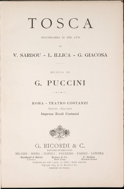 Titulní strana, Libretto della Tosca, Giacomo Puccini, Ricordi Edition, Itálie od Italian School