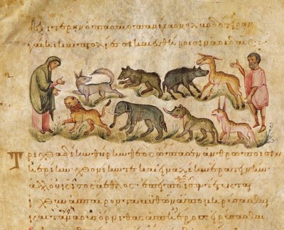 Pojednání o mnoha druzích živočichů, kteří obývají zemi, ilustrace z Oppianovy Cynegetiky (tempera na pergamenu) od Italian School