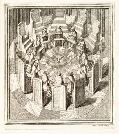 Dvanáct soudců Rota se modlí v kruhové síni obklopující Ducha svatého, hospoda. 1717 (rytina) od Italian School