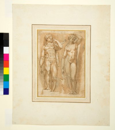 Dvě starožitná božstva, cca 1600 (pero a hnědý inkoust a hnědé mytí) od Italian School