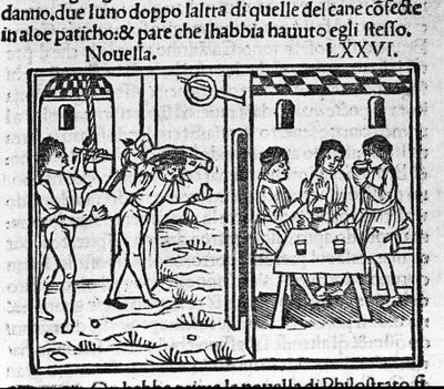 Dva muži nesoucí prase na rameni. Ilustrace ke zprávě 76 (Nová 6 osmého dne) „Dekameronu“ od Giovanniho Boccaccia dit Jean Boccaccia (1313-1375), italského spisovatele. Rytina v „“ Decamerone ouer Cento nouelle““ Benátky, Bartolomeo de od Italian School