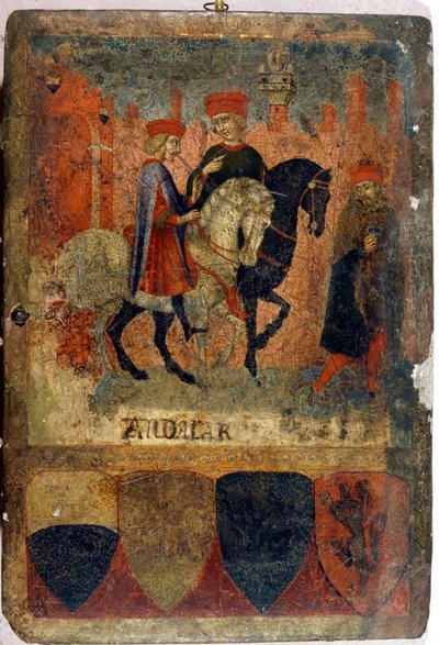 Dva daňoví inspektoři. Biccherna (obálka účetního rejstříku města Siena). Národní archiv - Museo delle Tavolette de Bicherna, Siena. Konec 14. – začátek 15. století. od Italian School