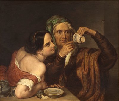 Dvě ženy s pohárem (olej na dřevě) od Italian School