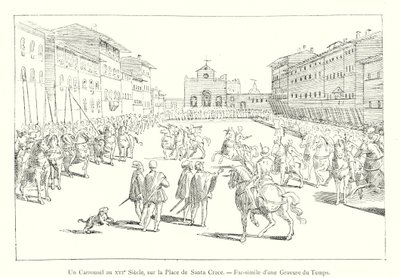 Kolotoč v 16. století, na Plaza de Santa Croce, Faksimile rytiny z času (rytina) od Italian School
