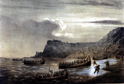 Unite of Italy: expedice Tisíce nebo červených košil vedená Giuseppem Garibaldim (1807-1882). Odjezd první flotily Garibaldiánů směrem ke Kalábrii ve Fort Stella. Litografie 19. století od Italian School