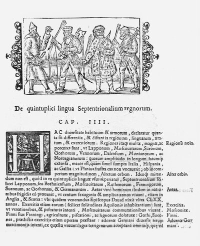 Rozmanitost jazyků, ilustrace z Historie severních národů od Olause Magnuse (1490-1558), vydaná v Římě, 1555 od Italian School