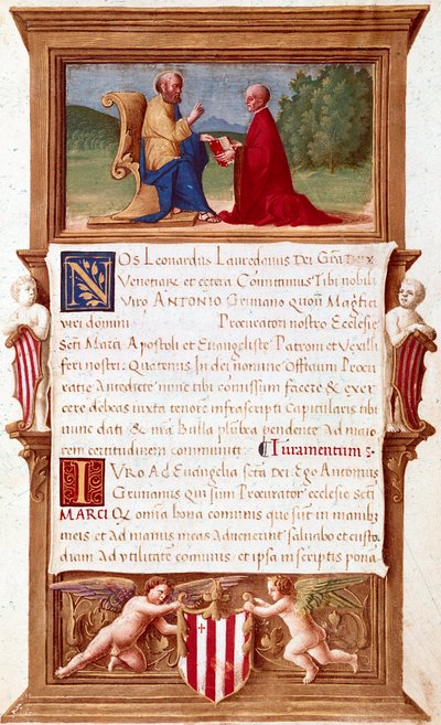 Benátky: Komise dóžete Antonia Grimaniho (1434-1523), prokurátora San Marco (Svatého Marka) Rukopisná strana 16. století. Benátky, Museo Correr od Italian School